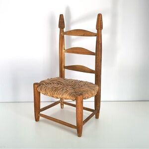 Miniature Vintage Ladderback Wood Doll Size Toy Chair Woven Rush Seat Handmade